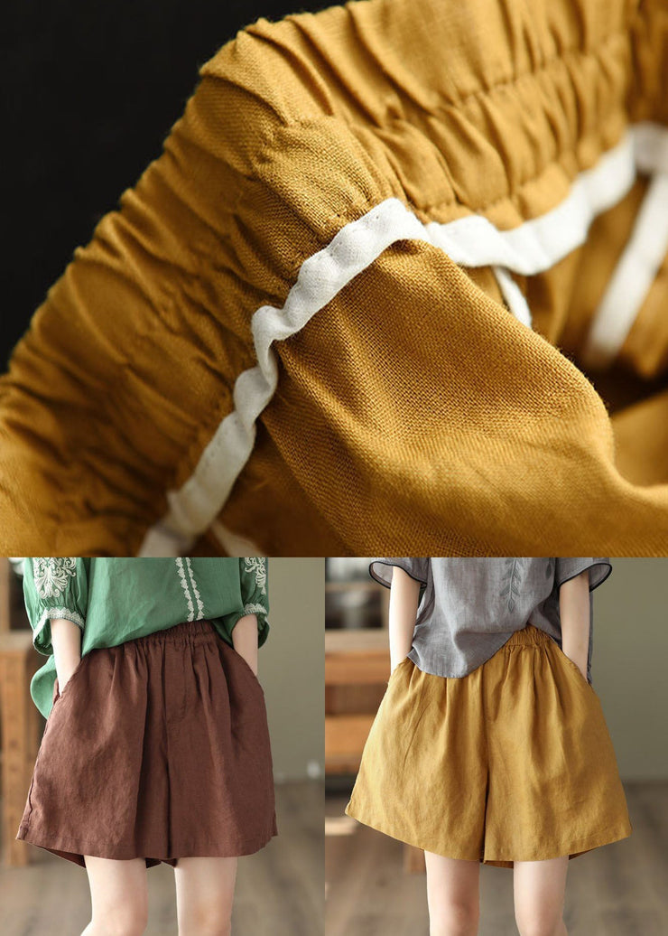 Yellow Pockets Elastic Waist Linen Shorts Summer