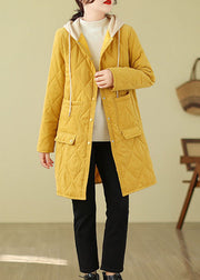 Yellow Pockets Loose Fine Cotton Filled Hooded Coat Winter