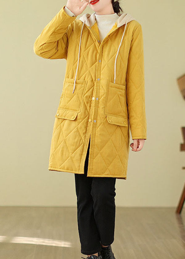 Yellow Pockets Loose Fine Cotton Filled Hooded Coat Winter