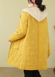 Yellow Pockets Loose Fine Cotton Filled Hooded Coat Winter