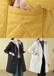 Yellow Pockets Loose Fine Cotton Filled Hooded Coat Winter