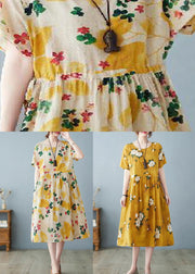 Yellow Pockets Patchwork Cotton Dress O Neck Drawstring Summer