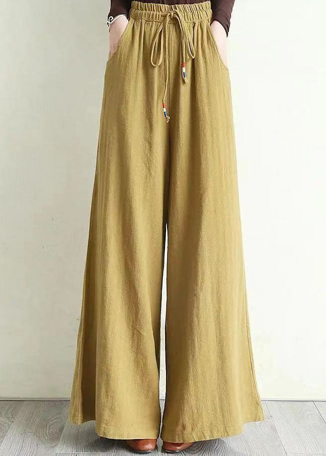 Yellow Pockets Patchwork Cotton Wide Leg Pants Spring