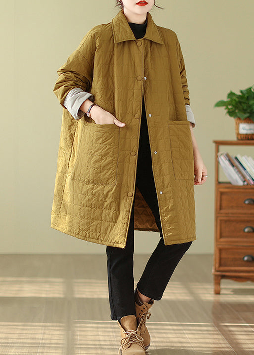 Yellow Pockets Patchwork Fine Cotton Filled Coats Peter Pan Collar Winter