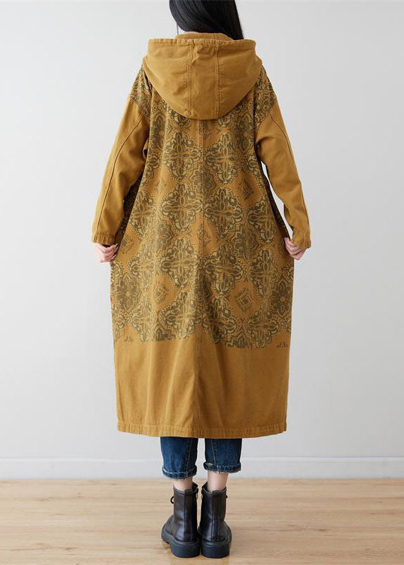 Yellow Pockets Patchwork Print Denim Hooded Long Coat Spring