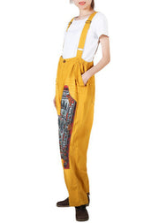 Yellow Pockets Patchwork Print Denim Jumpsuit Pants Summer