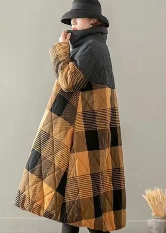 Yellow Pockets Plaid Patchwork Fine Cotton Filled Coats Button Winter