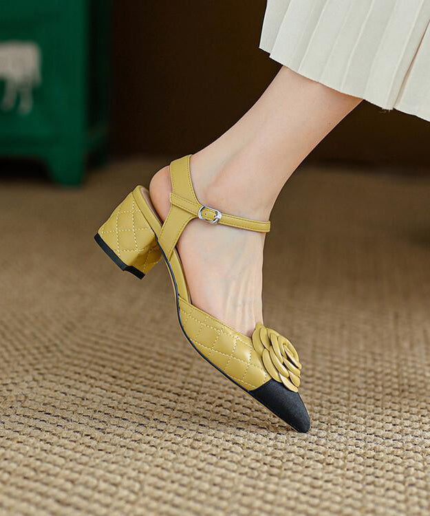 Yellow Pointed Toe Floral Chunky Heel Faux Leather Fashion Sandals