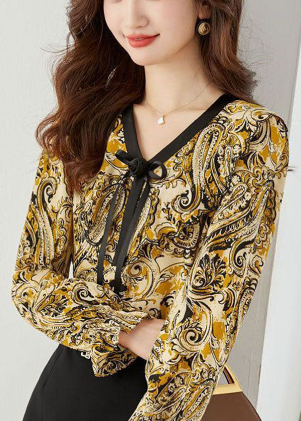 Yellow Print Chiffon Blouse Tops V Neck Floral Lantern Sleeve