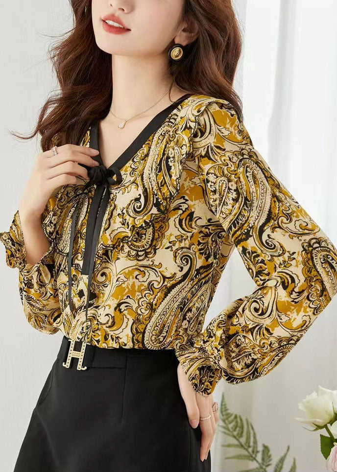 Yellow Print Chiffon Blouse Tops V Neck Floral Lantern Sleeve