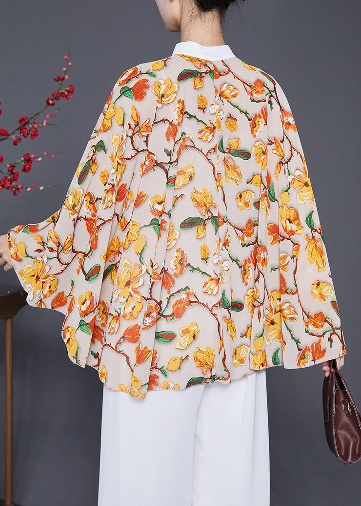 Yellow Print Chiffon Blouses Oversized Batwing Sleeve