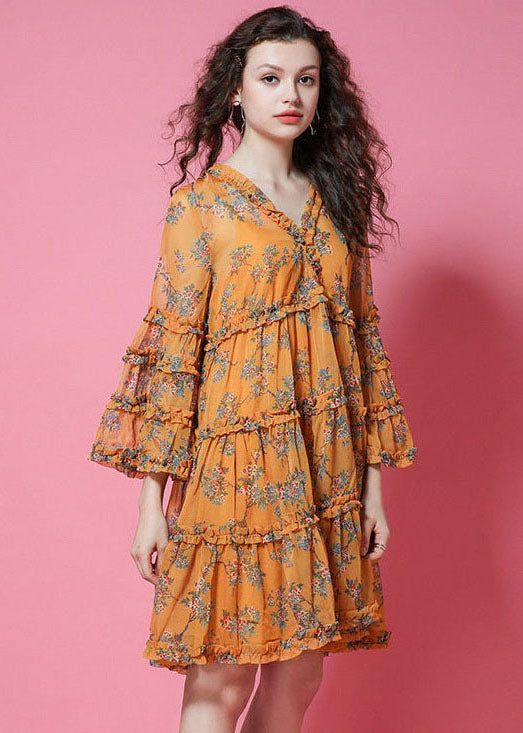 Yellow Print Chiffon Holiday Dresses Ruffled Lantern Sleeve