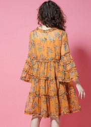 Yellow Print Chiffon Holiday Dresses Ruffled Lantern Sleeve