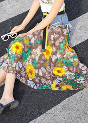 Yellow Print Chiffon Skirts Patchwork Denim Summer