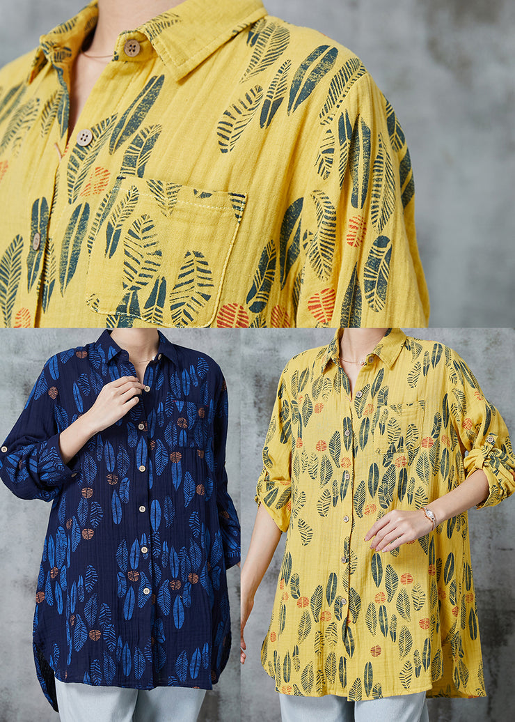 Yellow Print Cotton Blouse Top Oversized Spring