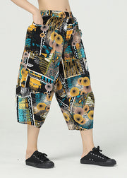 Yellow Print Cotton Harem Pants Elastic Waist Oversized Summer