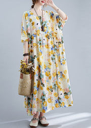 Yellow Print Cotton Holiday Dress Oversized Wrinkled Half Sleeve