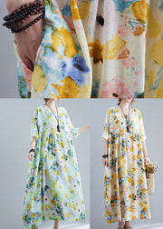 Yellow Print Cotton Holiday Dress Oversized Wrinkled Half Sleeve