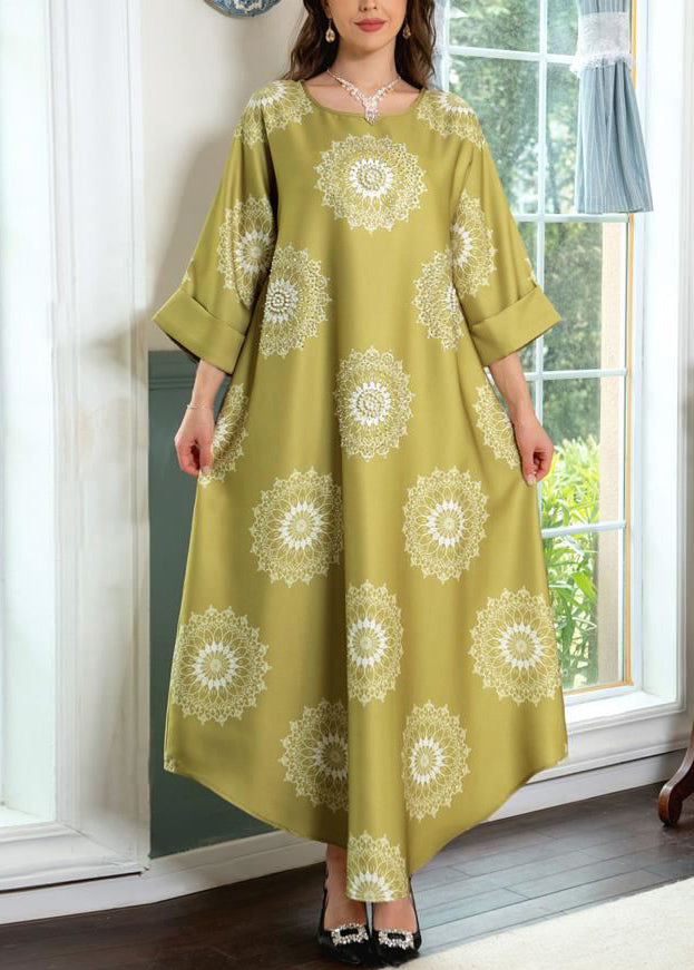 Yellow Print Cotton Long Dresses O Neck Half Sleeve