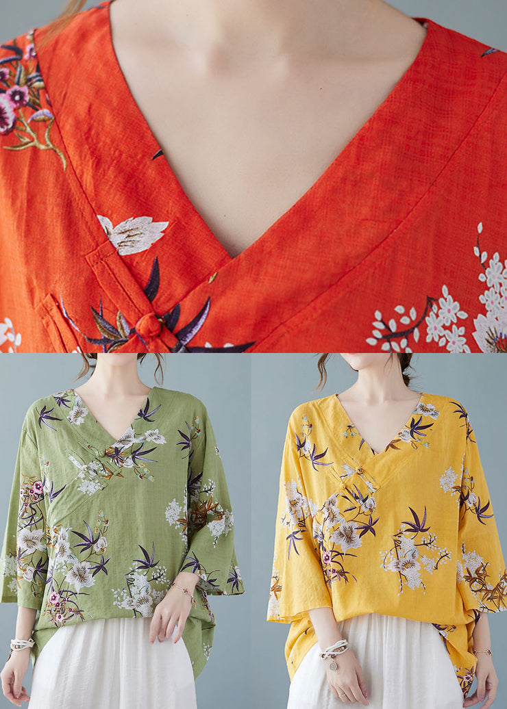 Yellow Print Cotton Shirts V Neck Chinese Button Summer