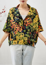 Yellow Print Cotton Sweatshirts Top Oversized Drawstring Short Sleeve