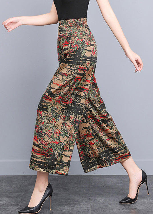 Yellow Print Elastic Waist Silk Wide Leg Pants Summer