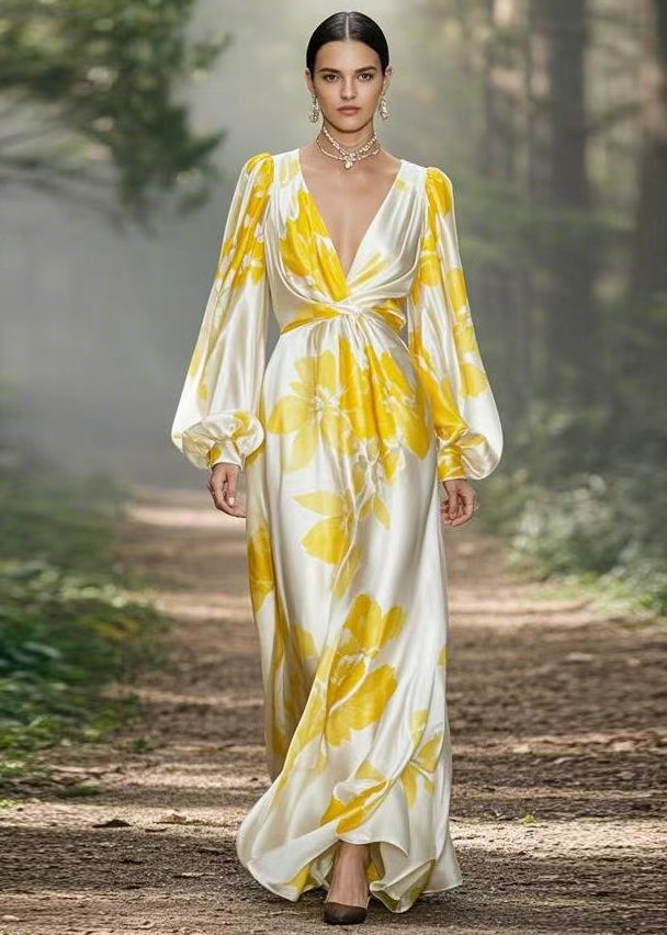 Yellow Print High Waist Silk Maxi Dress V Neck Spring