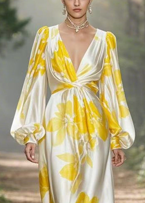 Yellow Print High Waist Silk Maxi Dress V Neck Spring