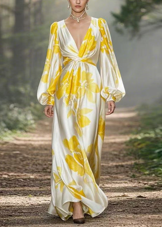 Yellow Print High Waist Silk Maxi Dress V Neck Spring