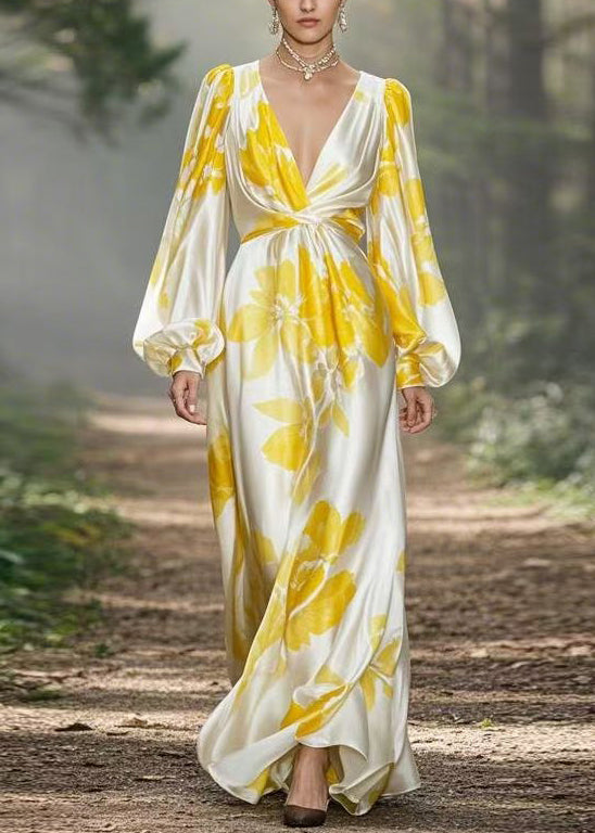 Yellow Print High Waist Silk Maxi Dress V Neck Spring