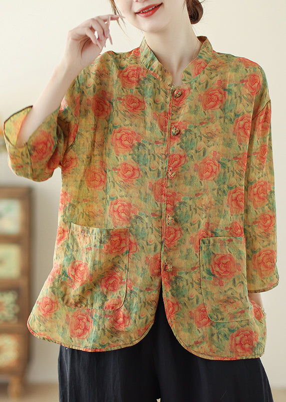 Yellow Print Linen Oriental Tops Pockets Spring