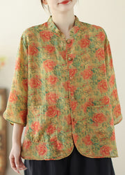 Yellow Print Linen Oriental Tops Pockets Spring