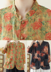 Yellow Print Linen Oriental Tops Pockets Spring