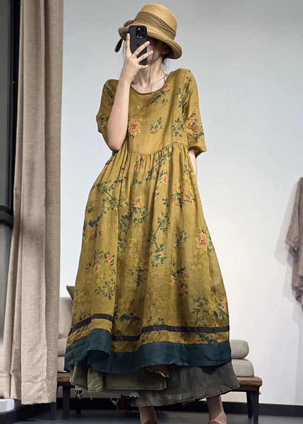 Yellow Print Linen Robe Dresses Exra Large Hem Summer