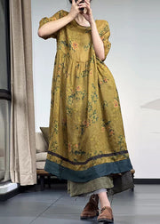 Yellow Print Linen Robe Dresses Exra Large Hem Summer