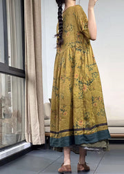 Yellow Print Linen Robe Dresses Exra Large Hem Summer