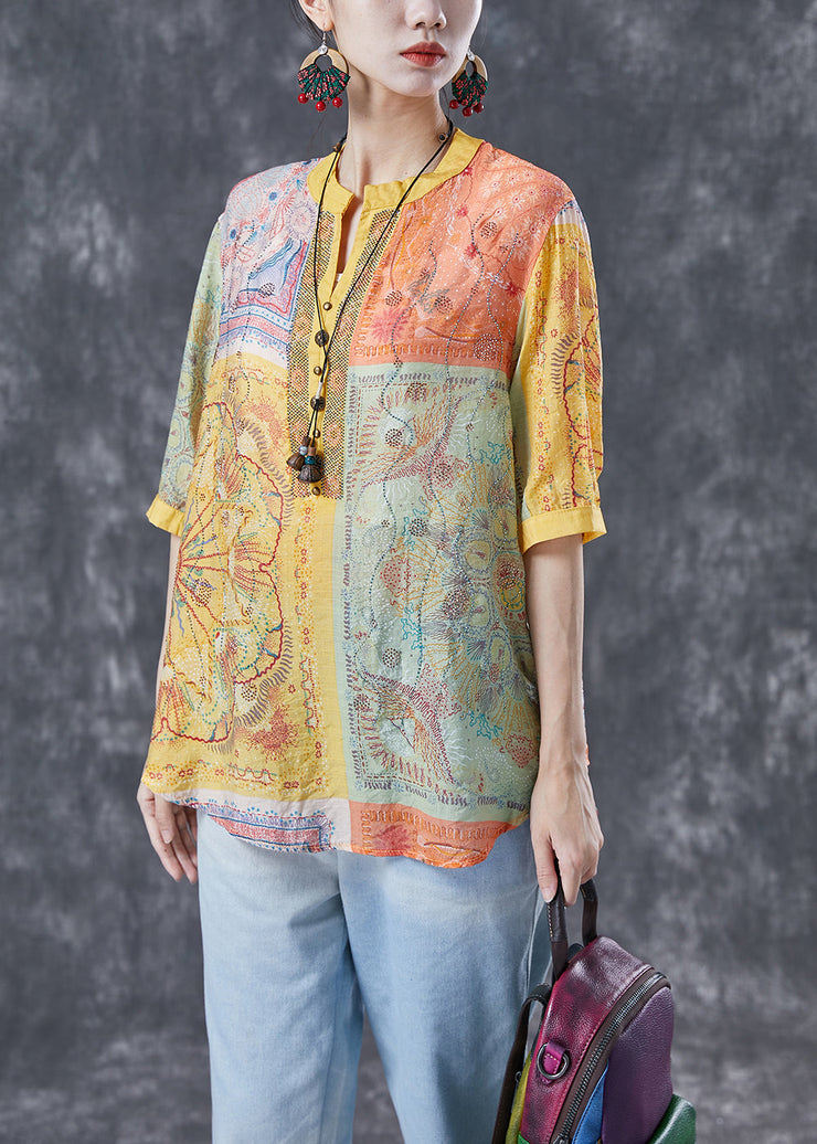 Yellow Print Linen Shirt Top V Neck Rivet Summer