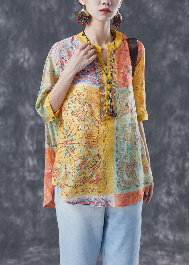 Yellow Print Linen Shirt Top V Neck Rivet Summer