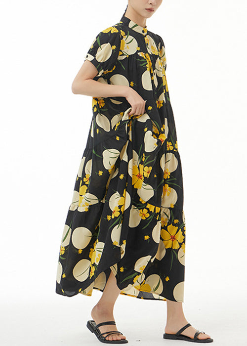 Yellow Print Loose Cotton Dress Stand Collar Summer