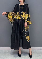 Yellow Print Patchwork Chiffon Top Asymmetrical Batwing Sleeve