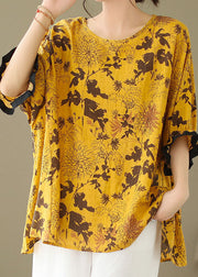 Yellow Print Patchwork Cotton Loose Tops O Neck Summer