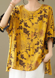 Orange yellow- floral Print Patchwork Cotton Loose Tops O Neck Summer