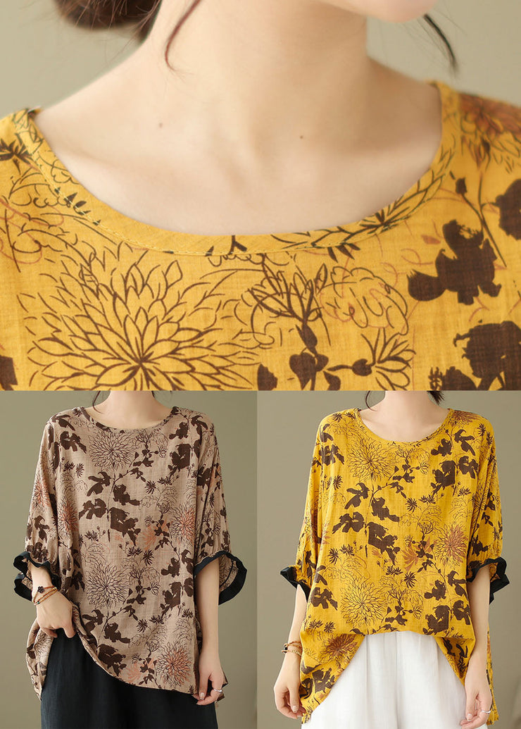 Grey-sunflower Print Patchwork Cotton Loose Tops O Neck Summer