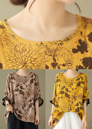 Orange yellow- floral Print Patchwork Cotton Loose Tops O Neck Summer
