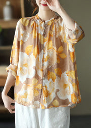 Yellow Print Patchwork Cotton Shirt Tops Wrinkled Long Sleeve