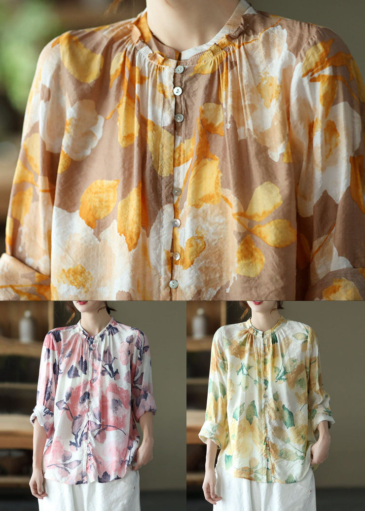 Yellow Print Patchwork Cotton Shirt Tops Wrinkled Long Sleeve