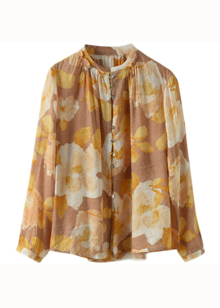 Yellow Print Patchwork Cotton Shirt Tops Wrinkled Long Sleeve