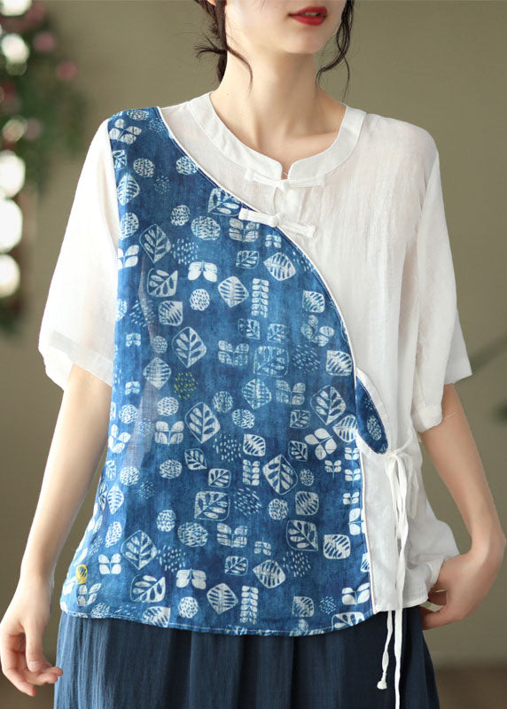 Yellow Print Patchwork Linen Shirt Chinese Button Lace Up Summer