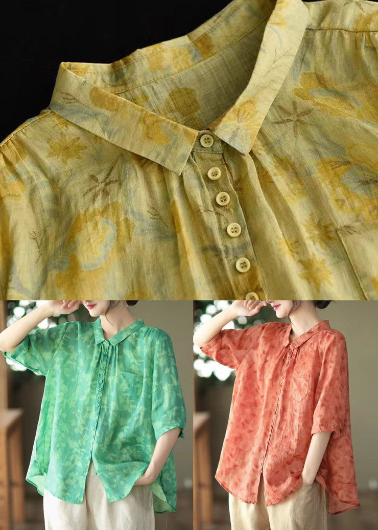 Yellow Print Patchwork Linen Top Peter Pan Collar Button Summer