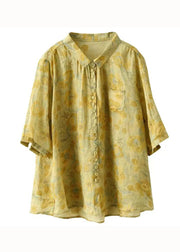 Yellow Print Patchwork Linen Top Peter Pan Collar Button Summer